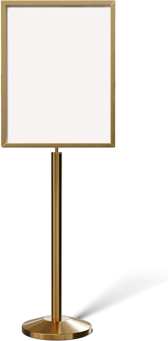 Crowd Control Warehouse Pedestal Standing Floor Sign Frame with Sloped Base, 22 x 28 Inch Vertical, Satin Brass- CCW Series SFFS-100