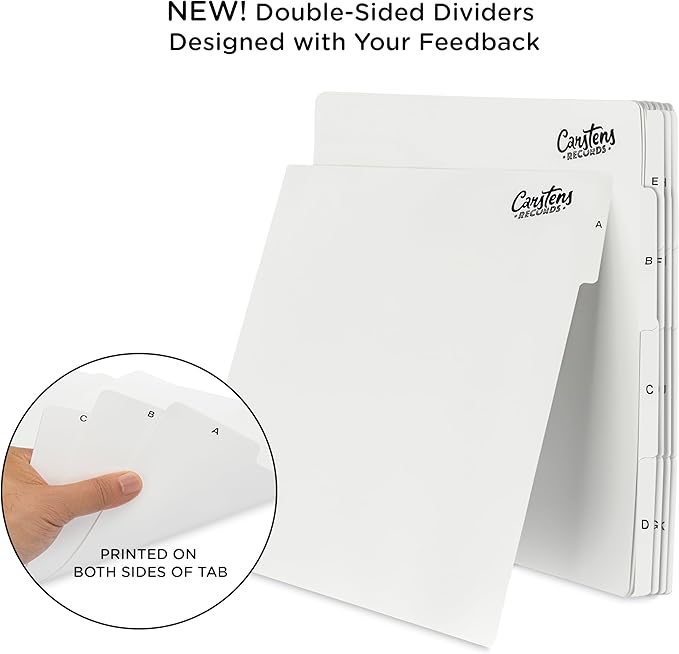Carstens Records Heavy Duty Vinyl Album Dividers | 12" LP Separators with Tabs | Made in The USA | Music Organizer Tabs for Collectors (White, Double-Sided, A-Z Vertical Tabs, 26 Tab Set)
