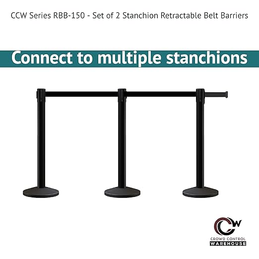 Crowd Control Warehouse CCW Series RBB-150 - Set of 2 Stanchion Retractable Belt Barriers - 16 Foot, Blue Belt with Black Steel Post - Easy Assembly