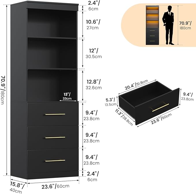 Winkalon 71“H Black Bookshelf with LED Light, Bookcase and Bookshelf with Drawers, Tall Bookcase Tall Storage Cabinet 3-Tier Open Shelves for Home Office Living Room Bedroom, 15.8"D x 23.6"W x 70.9"H