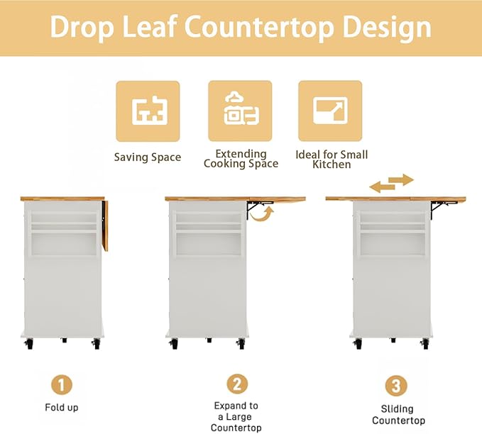 67’’ Movable Kitchen Island with Drop Leaf and Power Outlet, Lockable Sliding Countertop Rolling Island Cart with 2 Large Drawers, Spice, Towel Rack,White