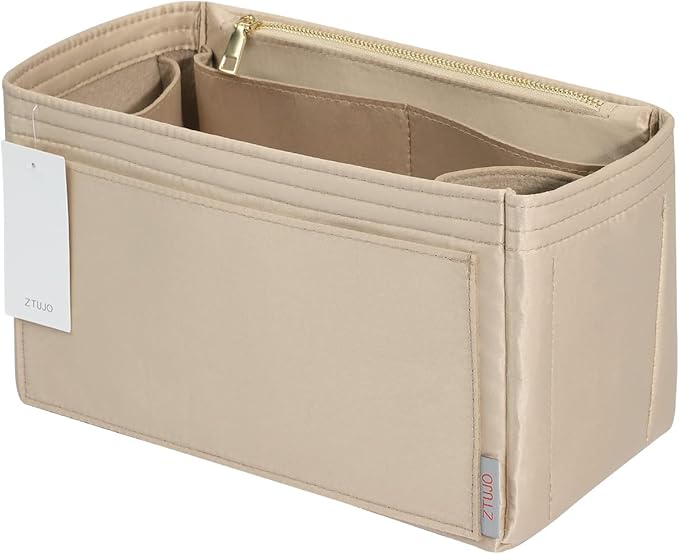 ZTUJO Purse Organizer Insert For Handbags, Silky Touching Bag Organizer Insert With Bottle Holder, Perfect for Speedy, Neverfull, Tote,ONTHEGO,Artsy,Handbag and More (Slender Medium, Silky Beige)