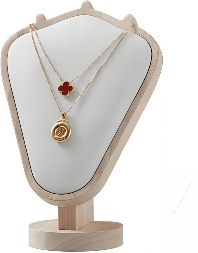 Natural Body Wood Necklace Display Stand with White Leather Soft Mat Necklace Holder Organizer Desktop Stand for Home Store Dresser-4.45"x8.4"x12"