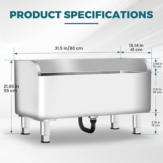 Commercial Mop Sink 304 Stainless Steel Floor Sink with Deep Basin, Anti-Splash Design & Quick Drainage Heavy-Duty Mop Service Basin for Kitchen, Laundry, Garage, Restaurant (31.5''×16.1''×21.6'')