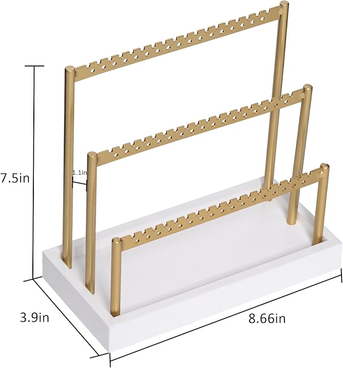 SANY DAYO HOME 3-Tier Earring Holder Organizer Stand, 105 Holes Gold Metal Earring Rack Jewelry Display Tree with White Wood Tray for Women and Girls