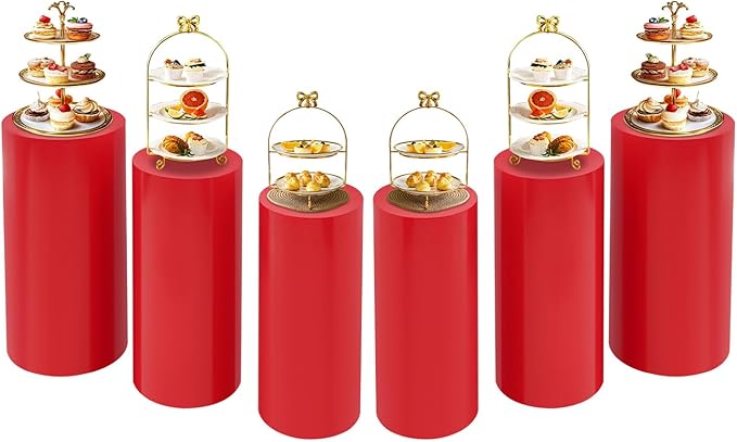 Cake Pedestal Stands for Party 6PCS Dessert Table Display Plinth Pillars Red Round Cylinder Pedestal Stands for Wedding Sculpture Display Column Decoration Cube (6PCS-Cylinder-Red)
