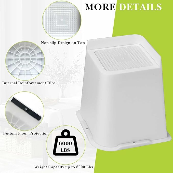 Bed Risers 1 inch, 2 inch, 3 inch, 4 inch, 6 inch, 8 inch Heavy Duty, Oversized Furniture Riser for Couch Sofa Table Chair Leg Frame Dorm, Support up to 6000 Lbs (White 8 Pack, 6 inch)