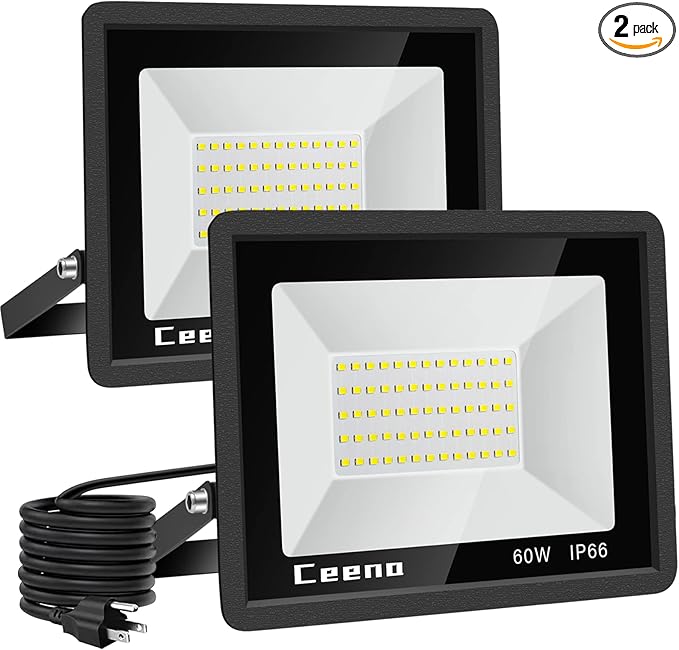 Ceena 2 Pack 60W Plug in LED Flood Light Outdoor, 6000lm Super Bright Floodlight with 5.9FT Wire, IP66 Waterproof 6000K LED Work Light for Garage, Yard, Patio, Front Door