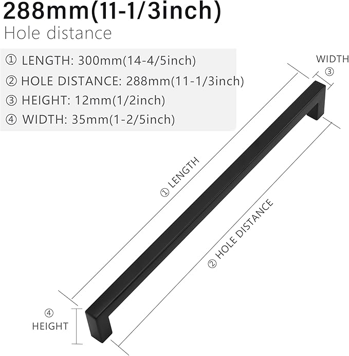 Cabinet Pulls Matte Black Cabinet Handles Square Drawer Pulls, 5 Pack 11-1/3 Inch Stainless Steel Kitchen Door Cupboard Cabinet Handles, Drawer Hardware Handles, 288mm Hole Centers