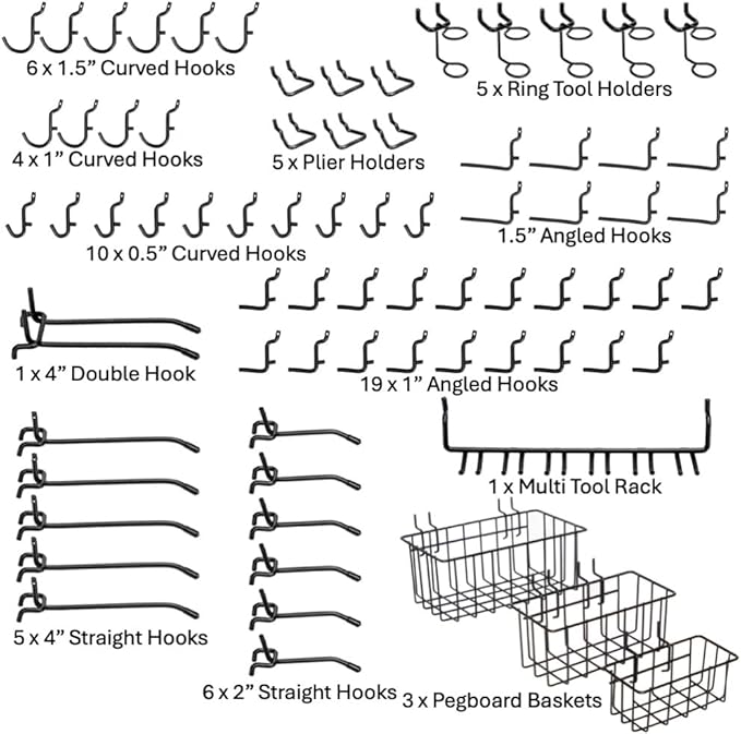 Heavy Duty Black Pegboard Hooks and Baskets for Hanging Tools, 73 Pieces 1/4'' Peg Board Accessories Peg Hooks and Bins, Peg Board Attachments for Organizing Tools Garage Kitchen Bathroom Craft Room