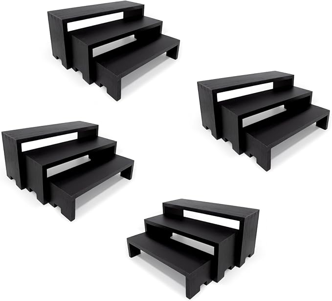 4 Set 12Pcs Black Display Riser for Vendors Event Wood Risers Cupcake Stand 3 Tier Racks Decor Stands Perfume Organizer Dessert Stands for Party