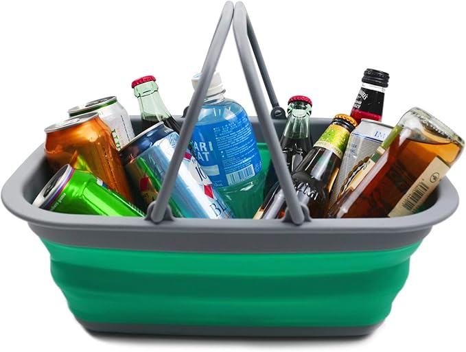 SAMMART 9.2L (2.37Gallon) Collapsible Tub with Handle - Portable Outdoor Picnic Basket/Crater - Foldable Shopping Bag - Space Saving Storage Container (Bluish-Green & Blue, 2)