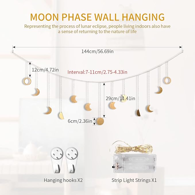 Moon Phase Wall Decor with LED String Light, 13 Gold Wood Boho Wall Hanging Decor Mood Garland 56'' - Celestial Phases Moon Decoration in Bohemian Style for Bedroom Living Room Thanksgiving Day Gifts