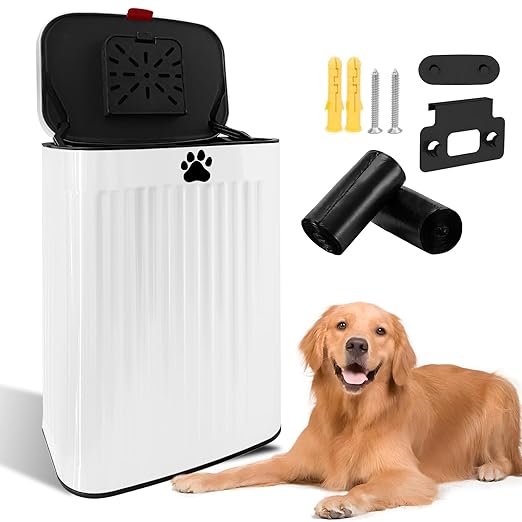 Dog Waste Trash Can Wall Mounted, 2.1Gal Small Outdoor Trash Can with Lid, Hanging on Fence, Dog Poop Bucket with 40 Bags, Inner Waste Bin, White