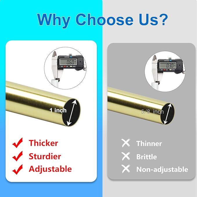 Curtain Rods for Windows 16 to 48 or 60 Inches Max Adjustable Length 1 Inch Diameter Window Curtain Rod with Aluminium Finials, Gold