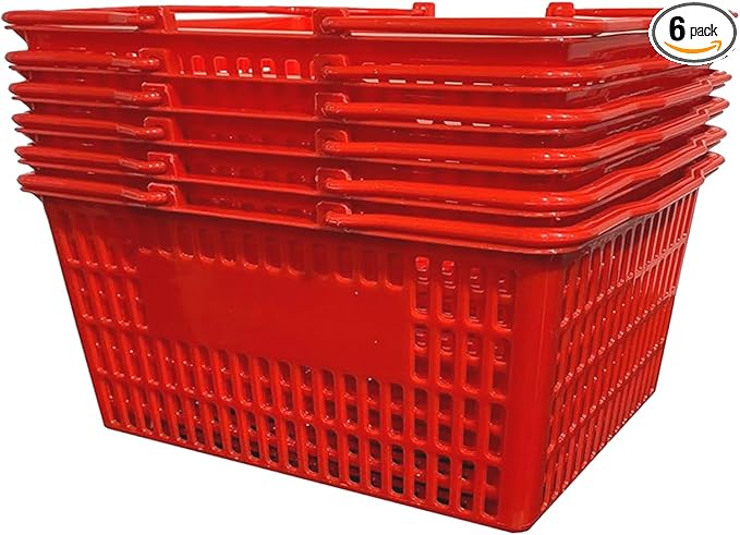 Stackable Plastic Shopping Baskets, Red and Blue, Easy-Grip Handles for Grocery, Retail, Liquor Stores, Home Use (6-pack, Red)