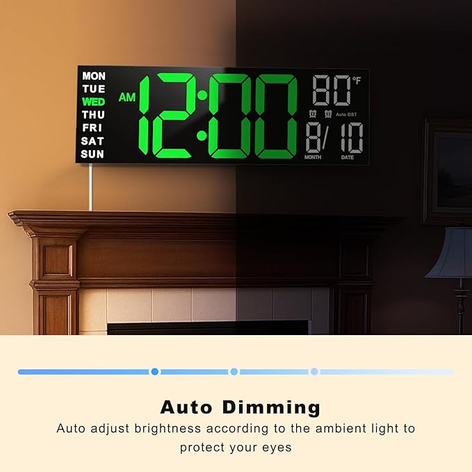 TrophyRak 16" Large Digital Wall Mount Clock, Count Down Timer, Alarm, Big LED, RGB Color, DST, Temperature for Living Room Classroom Desk, Wall, Xmas, Birthday Gift for Senior Mom Dad, Green White