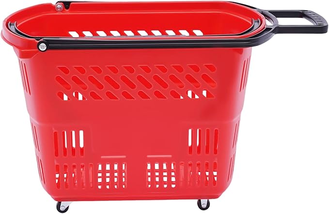6PCS Shopping Carts with Wheels, 35L Portable Shopping Baskets Set with Handles Grocery Basket for Retail Store, Supermarket, Grocery |19" x 13.7" x 14" (Red)