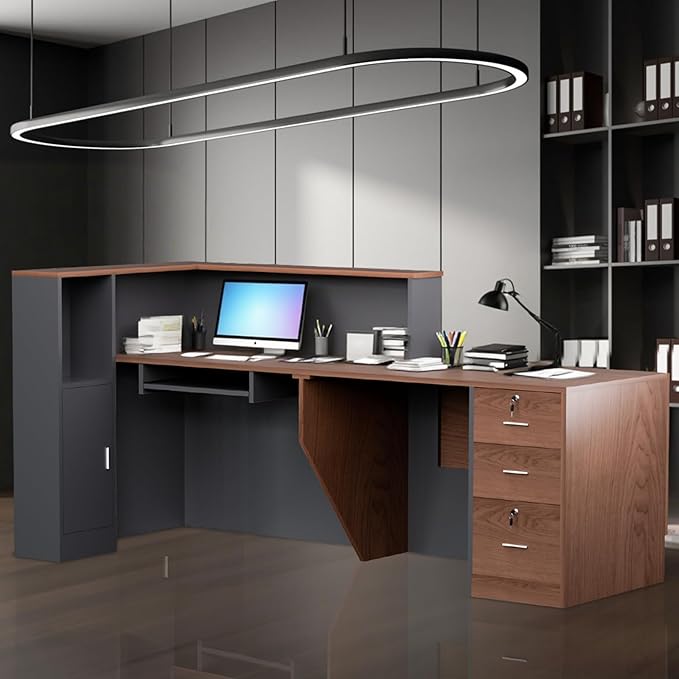 L-Shaped Modern Reception Desk with Counter & Storage - 84" Large Office Front Desk, Salon Checkout Counter with Lockable Cabinets, Shelves (Brown & Black, Right - 84''L x 34''W x 41''H)