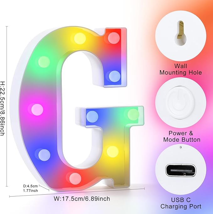 mooncow Rechargeable Light Up Letters,Colorful Marquee Letters with Remote,Gift Wrap Gifts,Bedroom Home Bar Party Decor (G)