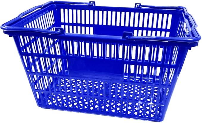 Stackable Plastic Shopping Baskets, Red and Blue, Easy-Grip Handles for Grocery, Retail, Liquor Stores, Home Use (4-pack, Blue)