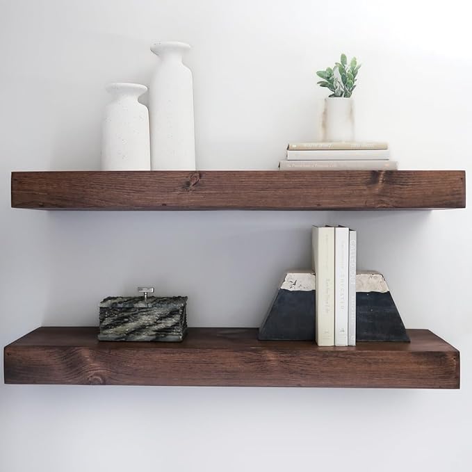 Urbandi Modern Floating Shelves 3 Inches Thick for Wall, Wide Shelves for Kitchen, Living Room, Bedroom, and Bathroom, Natural Pine Wood, Rustic Wooden Shelf, (Set of 2) (Provincial, 24Lx3Hx6D)