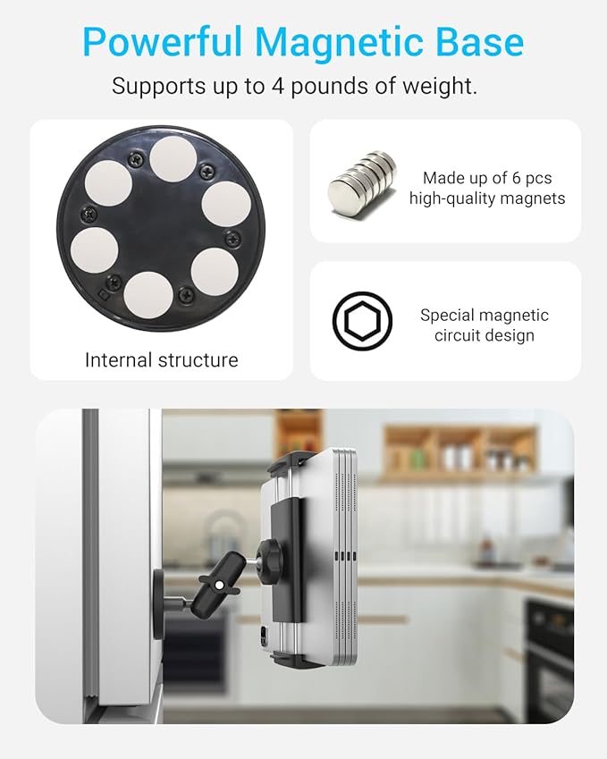 Universal Fridge Mount for iPad, Magnetic Tablet Holder with Metal Arm, Magnetic Base for Refrigerator/Kitchen/Shelf/Gym Compatible with 4-13" iPad Pro Air Mini, Phone, Galaxy Z Fold