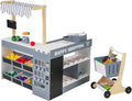 HONEY JOY Kids Grocery Store Playset, Wooden Market Stand Play Store with Canopy & Shopping Cart, Toddler Supermarket Checkout Stand w/Blackboard & Accessories, Grocery Store Pretend Play (Gray)