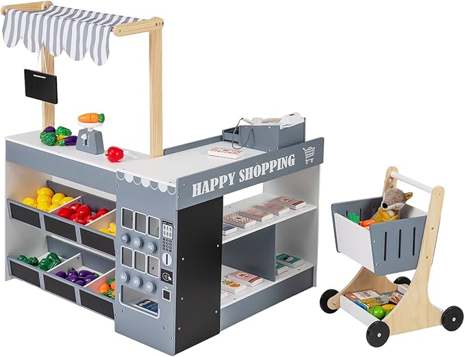 HONEY JOY Kids Grocery Store Playset, Wooden Market Stand Play Store with Canopy & Shopping Cart, Toddler Supermarket Checkout Stand w/Blackboard & Accessories, Grocery Store Pretend Play (Gray)