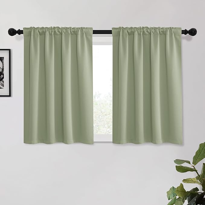 KGORGE Short Curtains 45 inch Length, Privacy Thermal Insulated Curtains Noise Reducing Window Drapes for Living Room Kitchen, Back Tab Rod Pocket, W52 x L45 inches, Sage Green, 2 Panels