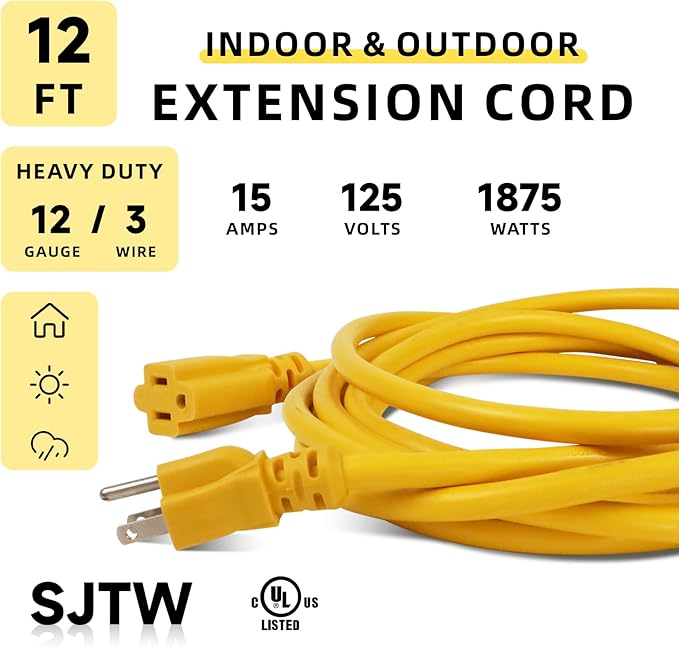 EP 12 Ft Outdoor Extension Cord, 12/3 SJTW Heavy Duty Extension Cable with 3 Prong Grounded Plug, 15 AMP Power Cord for Lawn, Garden, Appliances, Yellow
