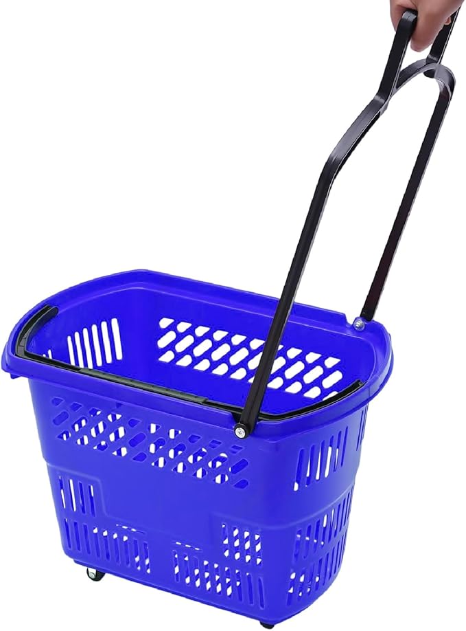12PCS Plastic Shopping Basket with Handles & Wheels, 35L Rolling Shopping Carts, Grocery Basket with 4 Wheels and Handle, Portable Shopping Baskets for Retail Stores, Supermarkets (12PCS - Blue)