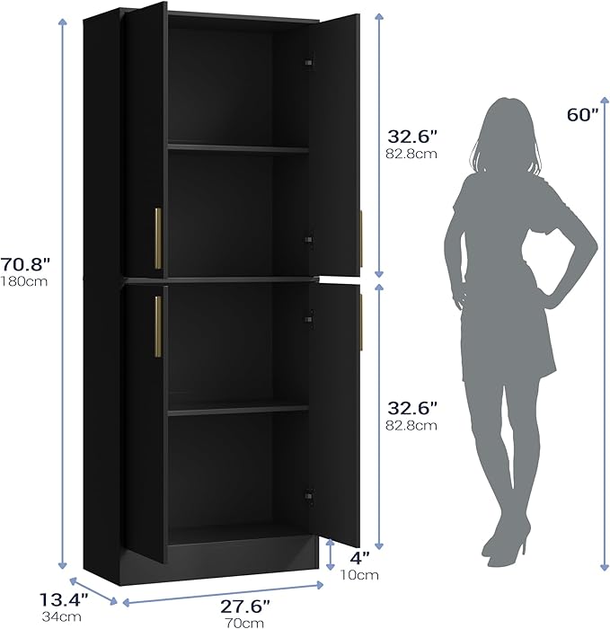 71" Tall Pantry Cabinet, 4 Doors Kitchen Pantry Storage Cabinet, Freestanding Larder Cupboard, Kitchen Hutch with Gold Handles for Dining Room, Bathroom, Black