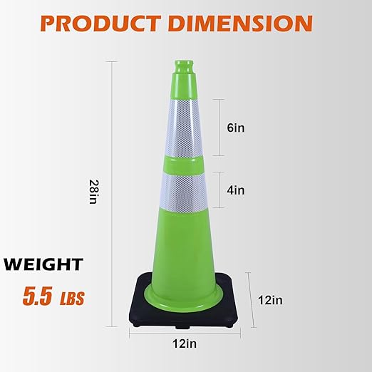 6 Pack 28 Inch Green Traffic Cones with Reflective Strips, Heavy Duty Black Base Cones for Outdoor Events, Driveways and Construction Zones (6, Green, 28 Inch)
