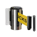 Montour Line WM115 Wall Mounted Retractable Belt Barrier with Standard Belt End, Fixed Mount, Polished Stainless Steel Casing (8.5 ft Yellow with"Danger - Forklift Trucks" Black Letters Belt)
