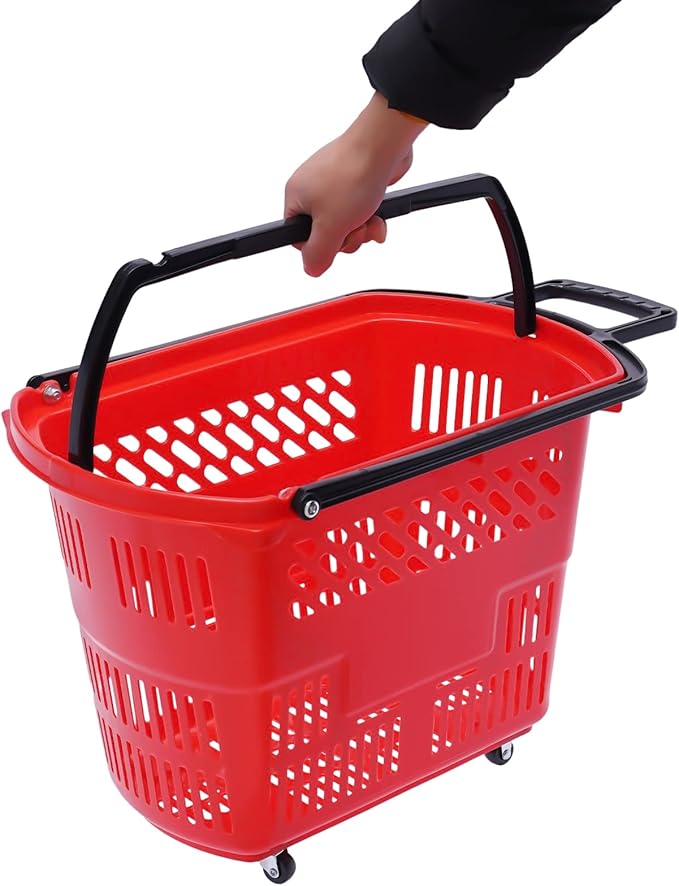 6PCS Plastic Shopping Basket with Handles & Wheels, 35L Rolling Shopping Carts, Grocery Basket with 4 Wheels and Handle, Portable Shopping Basket for Retail Stores, Supermarkets (6PCS - Red)