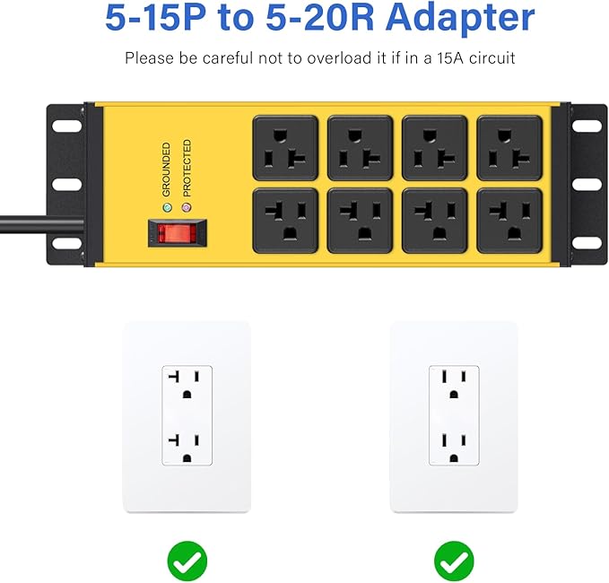 CCCEI 2PCS Heavy Duty Power Strip Surge Protector 20 AMP, 8 Outlets 12 Gauge Shop Garage Metal Multiple Outlets, 10 FT Extension Cord 5-15P Adapter High Amp 6-20R T-Slot 20a for Appliance Yellow.