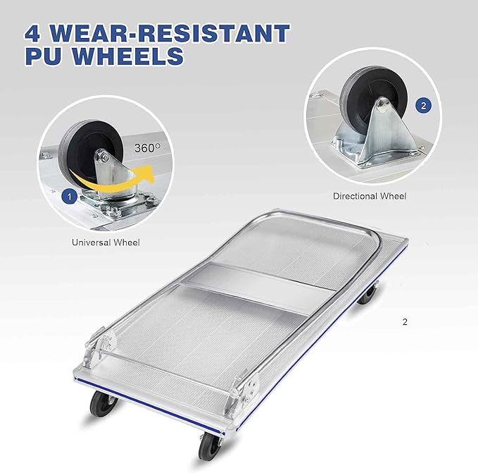 LEADALLWAY 48" L X 24" W Super Large Foldable Push Cart Aluminum Alloy Platform Cart with 4-Wheel 1000lbs