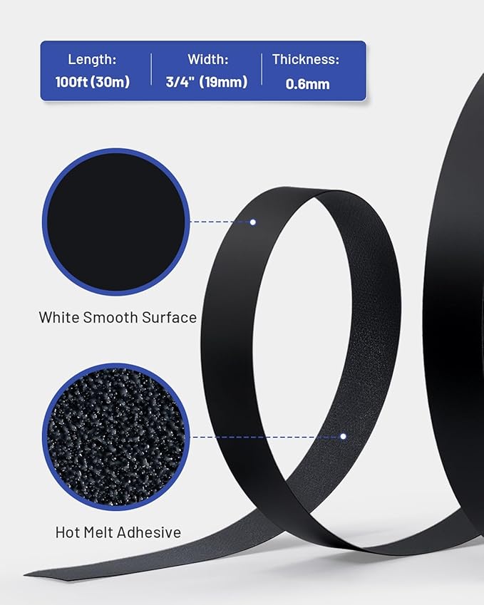 Melamine Edge Banding Black 3/4 inch x 100 ft Veneer Edging Easy Application Iron on Edge Banding Tape for Cabinet Plywood Repairs Furniture Restoration