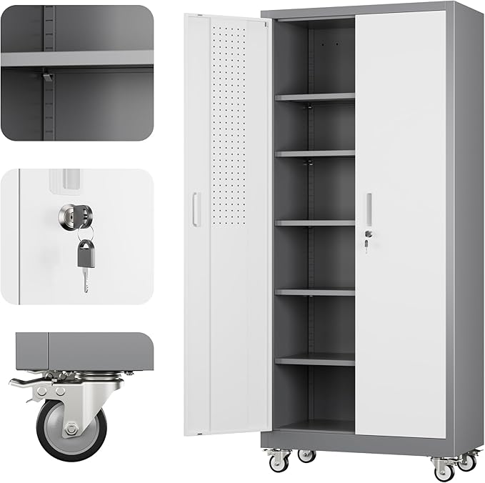 Metal Garage Storage Cabinet with Wheels, 71" H×32" W×16" D Metal Storage Cabinet with 5 Adjustable Shelves,Pegboard and Lockable Doors for Garage Home Office Utility Room,Required Assembly