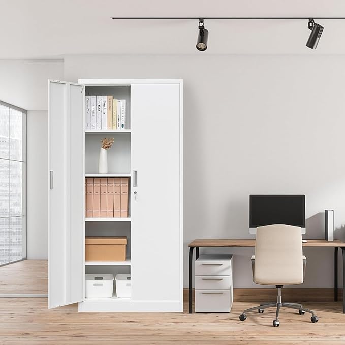 BESFUR Metal Cabinet with 5 Adjustable Shelves and 2 Lockable Doors, 71" H Locking Cabinet for Garage, Classroom and Office -White