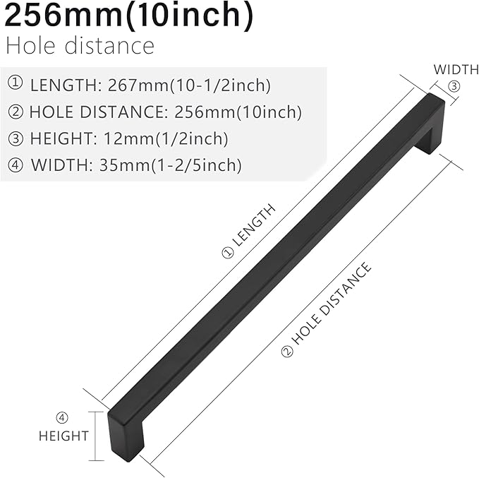 Cabinet Pulls Matte Black Cabinet Handles Square Drawer Pulls, 2 Pack 10 Inch Stainless Steel Kitchen Door Cupboard Cabinet Handles, Drawer Hardware Handles, 256mm Hole Centers