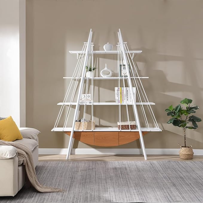 Boat-Shaped Bookshelf, 4 Tier Ladder Bookcase with Drawer 84.3" Tall Bookshelves for Storage Display Decor Easy Assembly Bookcase Furniture for Bedroom, Living Room and Home Office