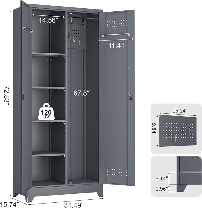 LUCYPAL Metal Storage Cabinet with Locking Doors,72.8" H Broom Closet Storage Cabinet with Shelves and Haging Rods,Garage Storage Cabinets for Kitchen,Utility Room,Grey