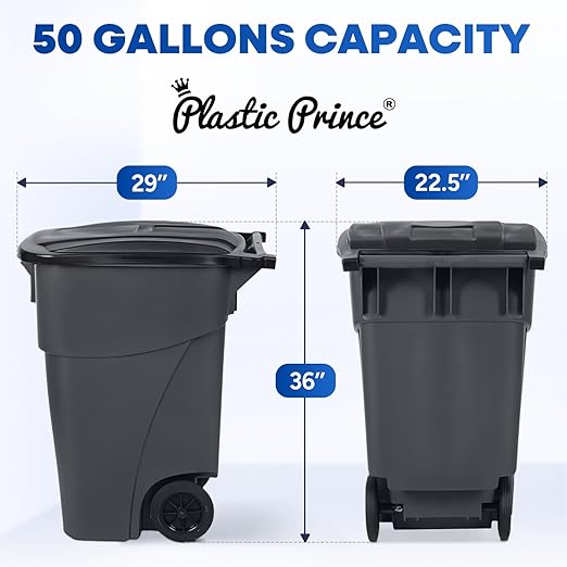 50 Gallon Trash Can, Gray Outdoor Garbage Can, Large Outside Trash Bin, Rolling Commercial Container, Outdoor Trash Can with Lid and Wheels for Back of House, Office, Warehouse, Garage