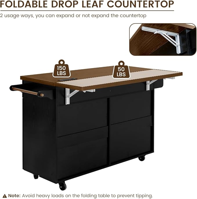 COCO DESIGN 60" Rolling Kitchen Cart with Power Strip & Drop Leaf, Thick Countertop, Large Storage Cabinet & Drawers, Mobile Island with Locking Wheels, Towel Rack and Spice Rack, Black and Walnut