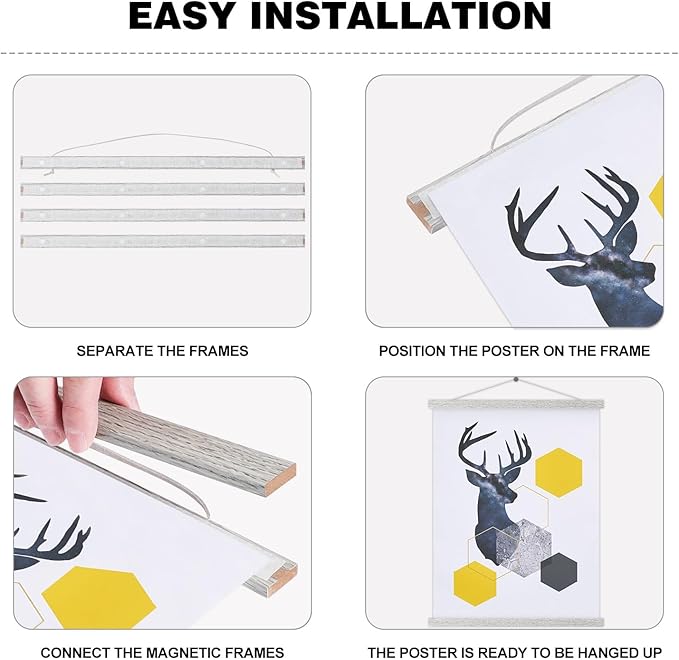 Magnetic Poster Hanger, 22x34 22x28 22x14 Poster Frame Wood Wooden Magnet Print Posters Dowel Scroll Hanger Hangers Hanging Kit for Walls Map Canvas Artwork (Grey, 22")