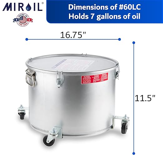 MirOil Oil Disposal Caddy with Caster Wheels (7 Gallon) – Heavy Duty Silver Filter Pot with Lid Lock for Commercial Kitchen Disposal Storage - Up to 55lb Grease Container for Kitchen - Model #60LC