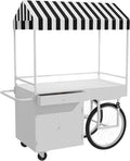 Food Cart for Business with Striped Canopy, Mobile Display Stand with Storage Drawers, for Street Food, Farmers Markets, Outdoor Events (White, 39.37 * 27.56 * 78.74in)
