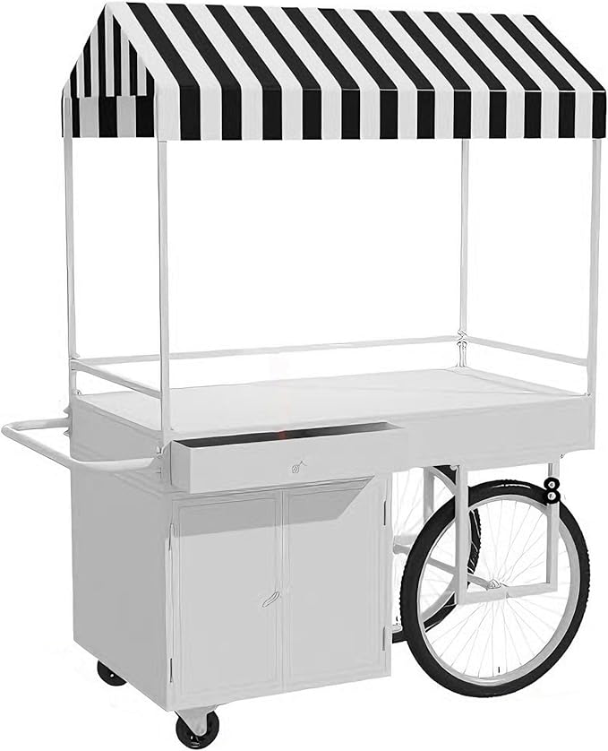 Food Cart for Business with Striped Canopy, Mobile Display Stand with Storage Drawers, for Street Food, Farmers Markets, Outdoor Events (White, 39.37 * 27.56 * 78.74in)
